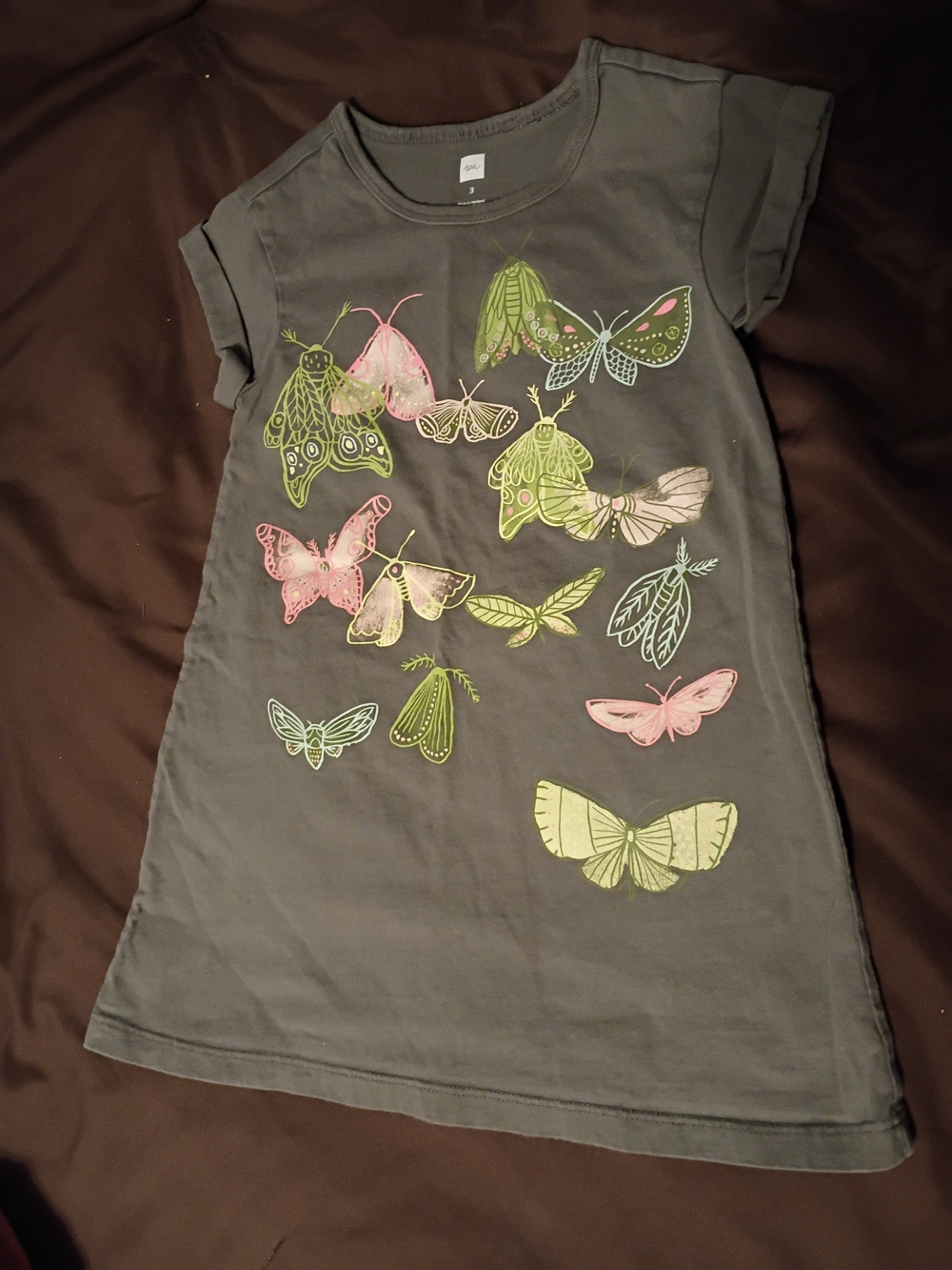 Tea Collection Dark Gray Girls Tee Dress with Pink & Lime Moth Accents